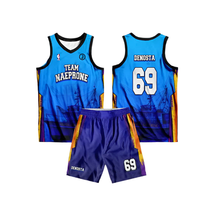 Vibrant Blue & Orange Graphicn  Basketball Jersey Sando